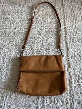 Margot Tan Leather Foldover Crossbody with Front Zip Pocket